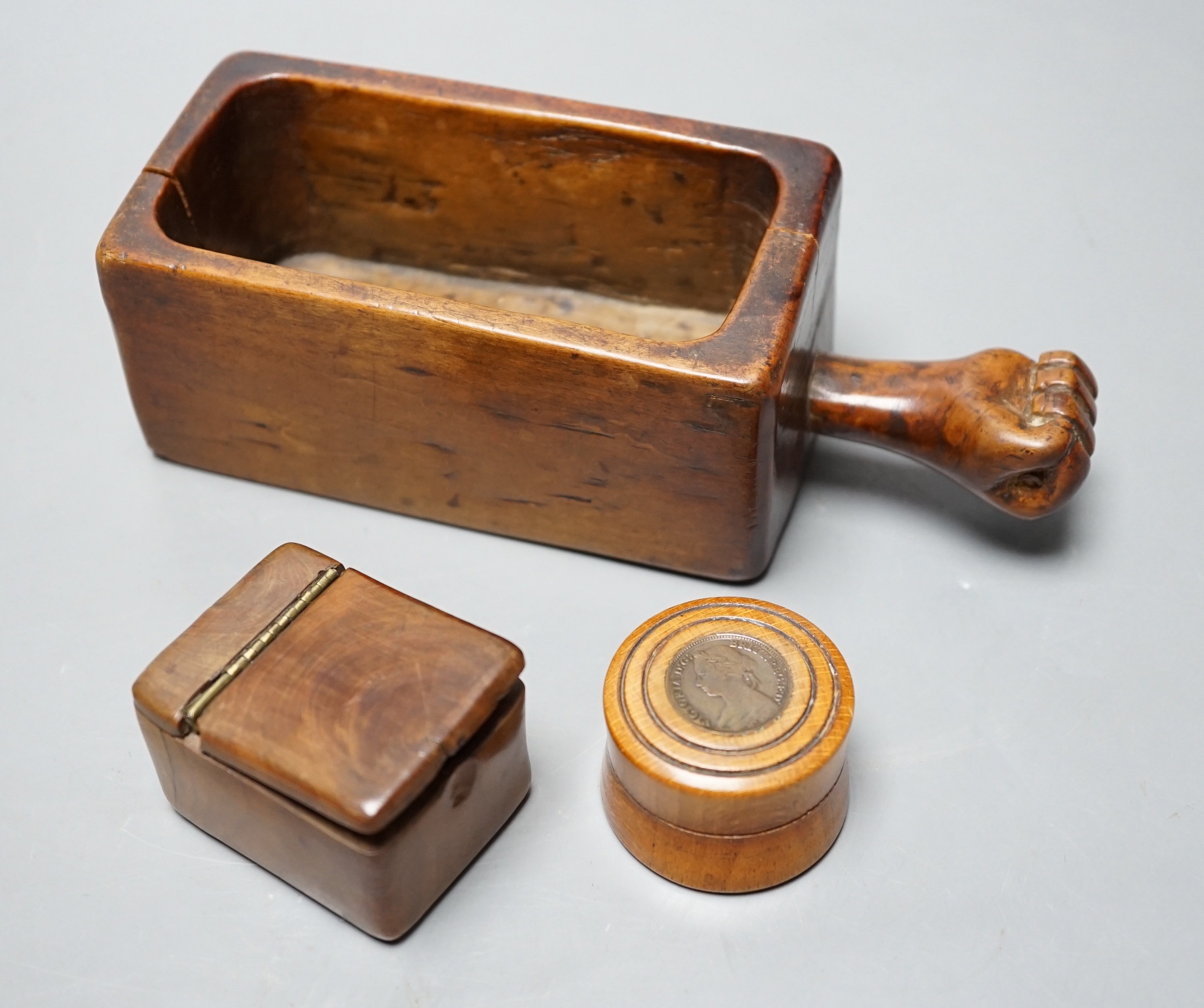 19th Century treen – a fruitwood rectangular dish, 17.5cm, inscribed HTGF 1843 a fruit wood box and cover and a coin inset box and cover t